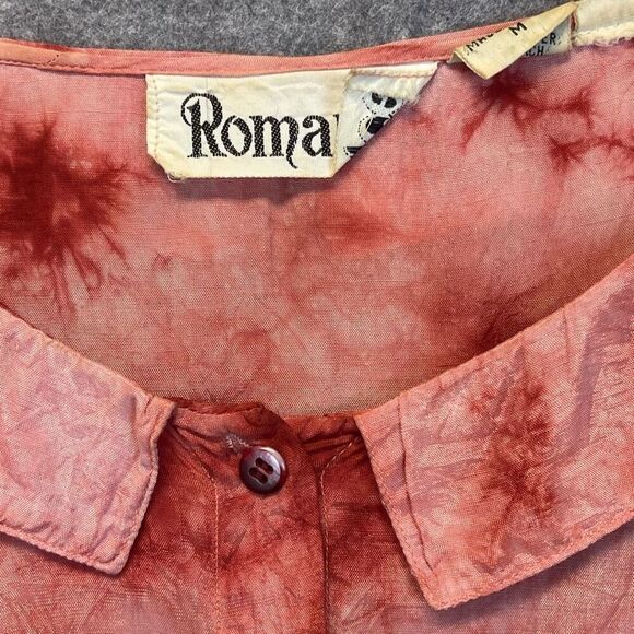 Vintage ROMANCE Top Medium Peach Blouson Tie-Dye Button Front Tunic Short Sleeve - Picture 4 of 16
